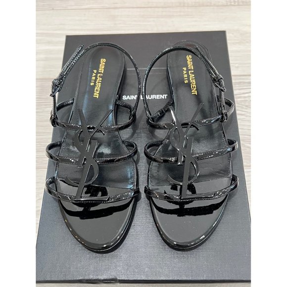 SAINT LAURENT Cassandre YSL Logo Flat Patent Leather Sandals - Picture 4 of 10